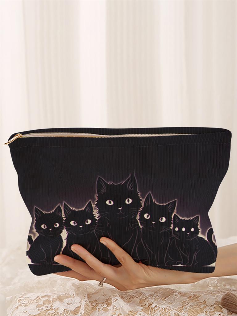 1 cat patterned corduroy makeup bag, lightweight zipper makeup storage box, multifunctional bag with lining