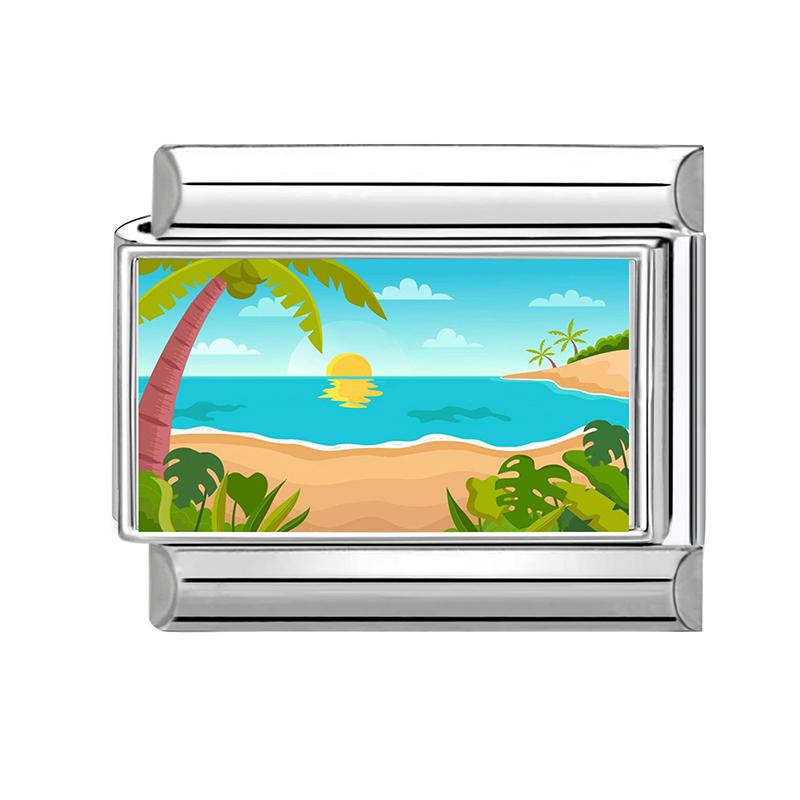 New Green Scenery Series Sunset Sea Lighthouse Italian Charm Links Fit 9MM Stainless Steel Bracelet Women Men DIY Making Jewelry