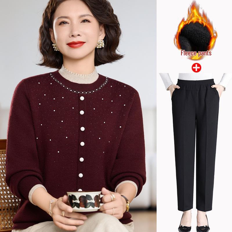 Elegant Winter Half-Collar Knit Sweater for Middle-Aged & Older Women – Velvet-Lined and Warm Two-Piece Look