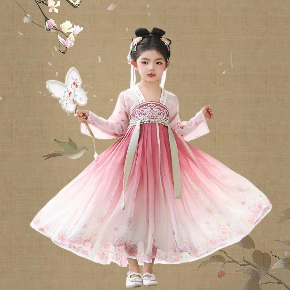 2026 Spring/Summer Kids  Hanfu Ruqun: Ancient Chinese Tang Style Dress Embroidered  Falling Sakura  Pink Long Sleeve