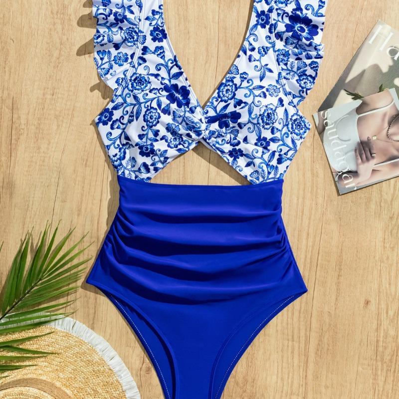 

Синий белый цветочный принт Вырез Монокини Слитный купальник Рукав-волан Завязка спереди S синий