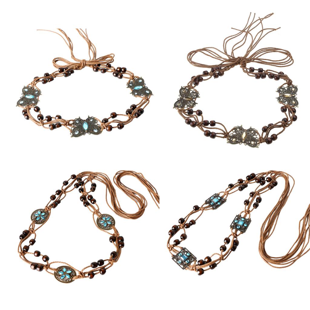 Brown Belt with Beads Butterflies Vintage Tassel Cotton Rope Waist Chain Woven Waist Belts for Dress Party Dance Show