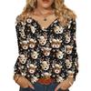 Women's Fashionable Casual V-neck Blouse Button Christmas Printed Long-sleeved Pullover T-shirt Top