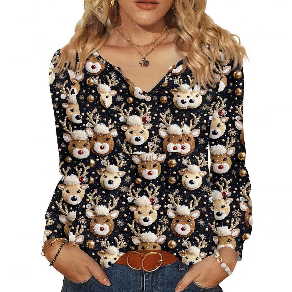 Women's Fashionable Casual V-neck Blouse Button Christmas Printed Long-sleeved Pullover T-shirt Top