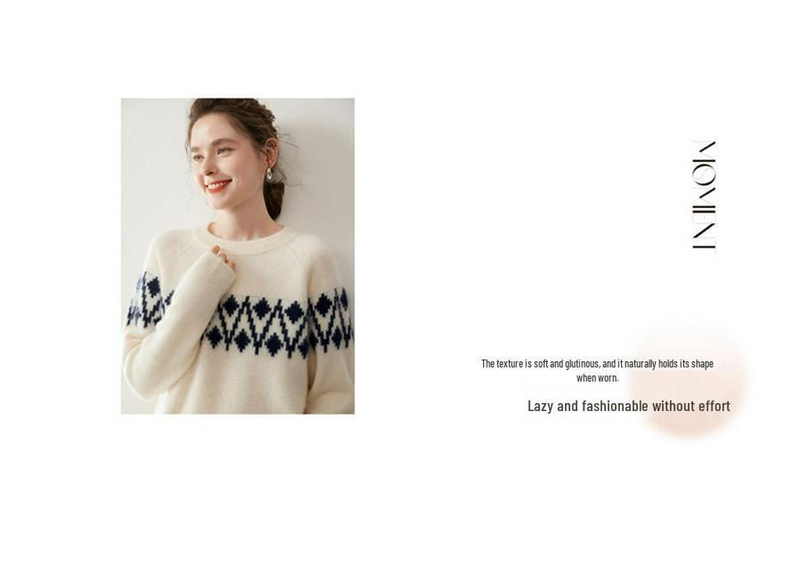 Women's Round Neck Thick Jacquard Cashmere Sweater - Loose Red Fashion Knit for Autumn/Winter