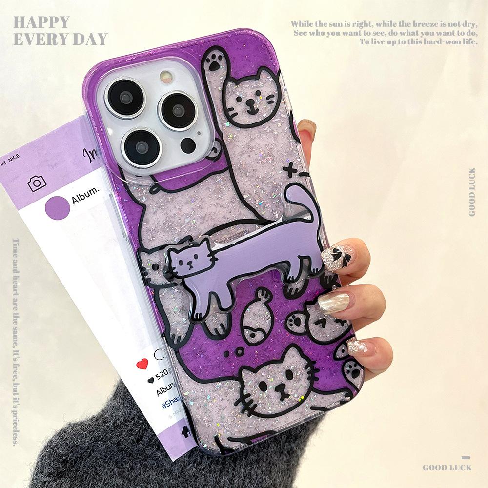 Cute Cat Stand Suitable for Apple 16pro Mobile Phone Case Iphone15 Protective Case 14 Glitter Powder 13 Soft Shell