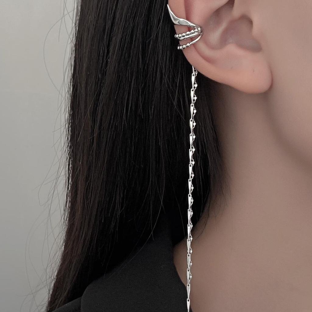 European & American Long Tassel Chain Clip-On Earrings - Versatile Fairy-Inspired Korean Style for Women