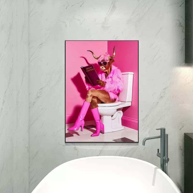 Modern Lion Dog Highland Sitting On Toilet Reading Newspaper Poster Funny Animal Print Canvas Painting Bathroom Decor Picture