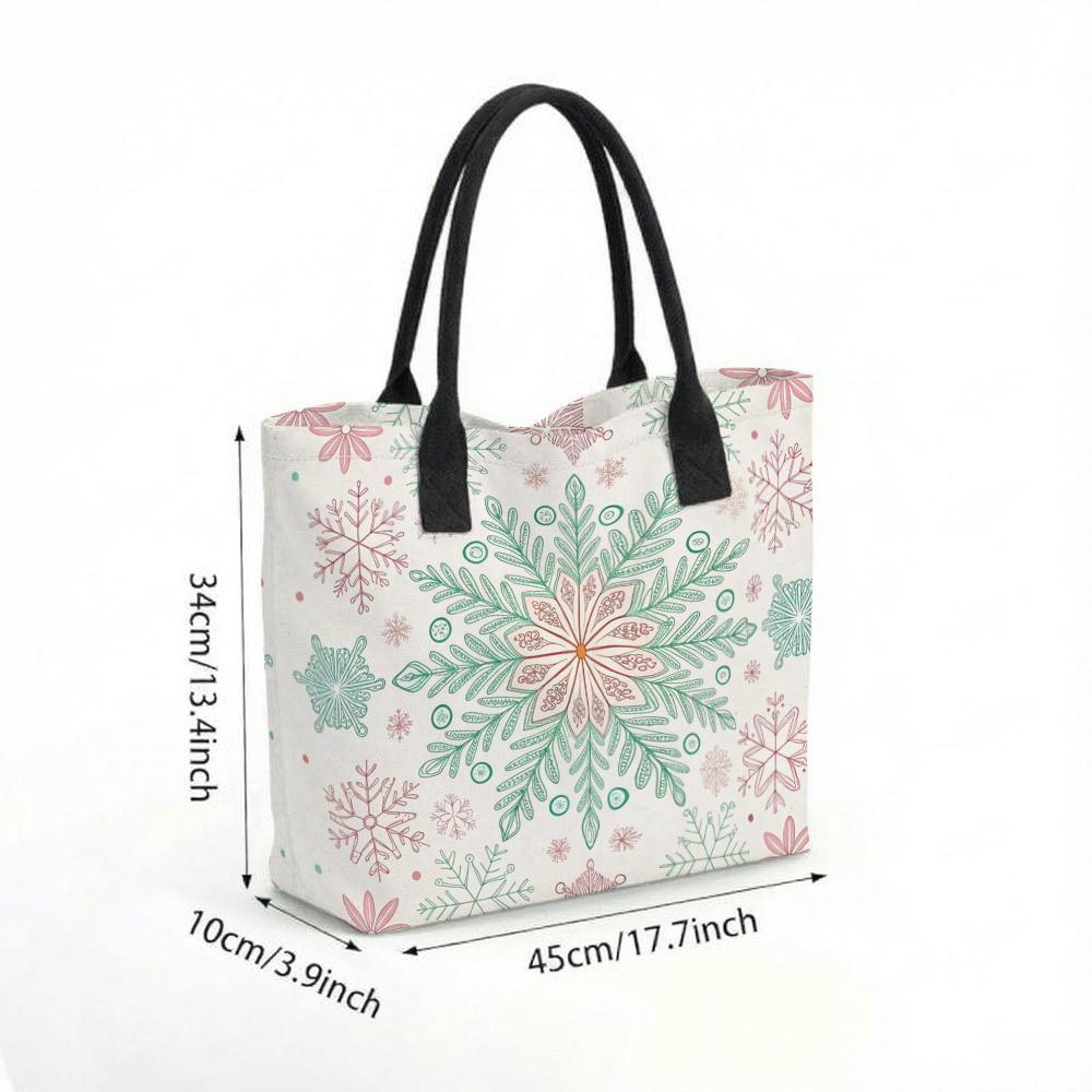  Boho Snowflake Print Canvas Tote Bag Casual Large Capacity Daily Shoulder Handbag 