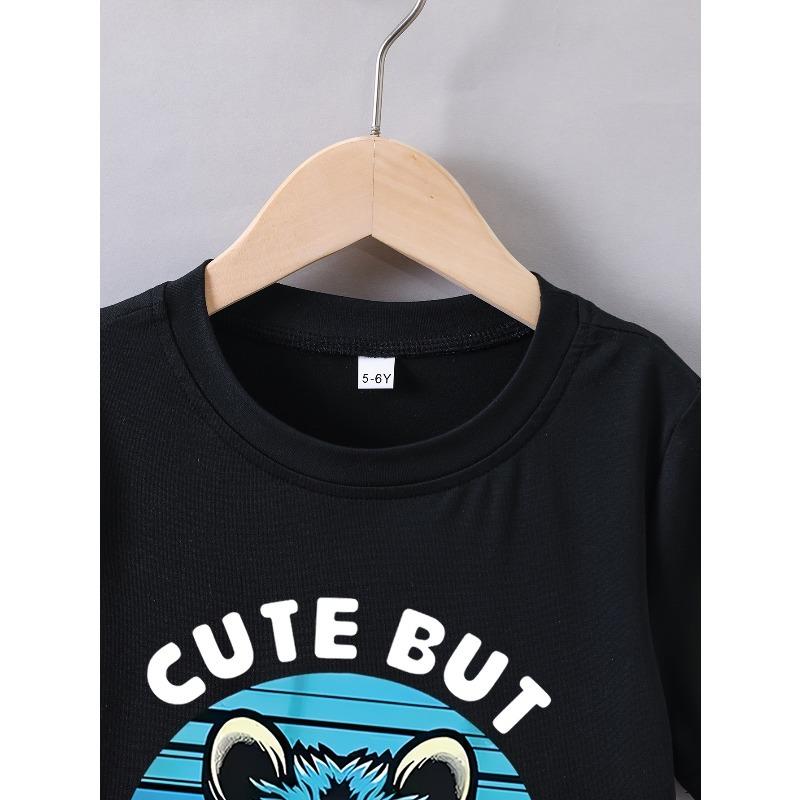 European sizes Boys' Summer Short Sleeve "Cute But Feral" Raccoon Graphic T-Shirt - Casual Round Neck Tee with Colorful Raccoon & Letter Print
