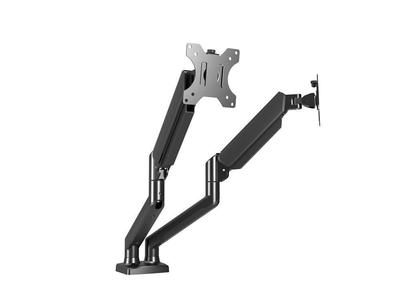 Dual-Screen Aluminum Monitor Stand with Pneumatic Arm, 10kg Capacity, Fits 32-Inch Screens, Adjustable Rotation and Height.