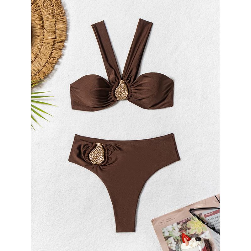 Swimsuit Women Sexy Halter Metal Water Droplet Push Up Pleate High Waist Bikini Set Bathing Suit Two Piece Swimwear