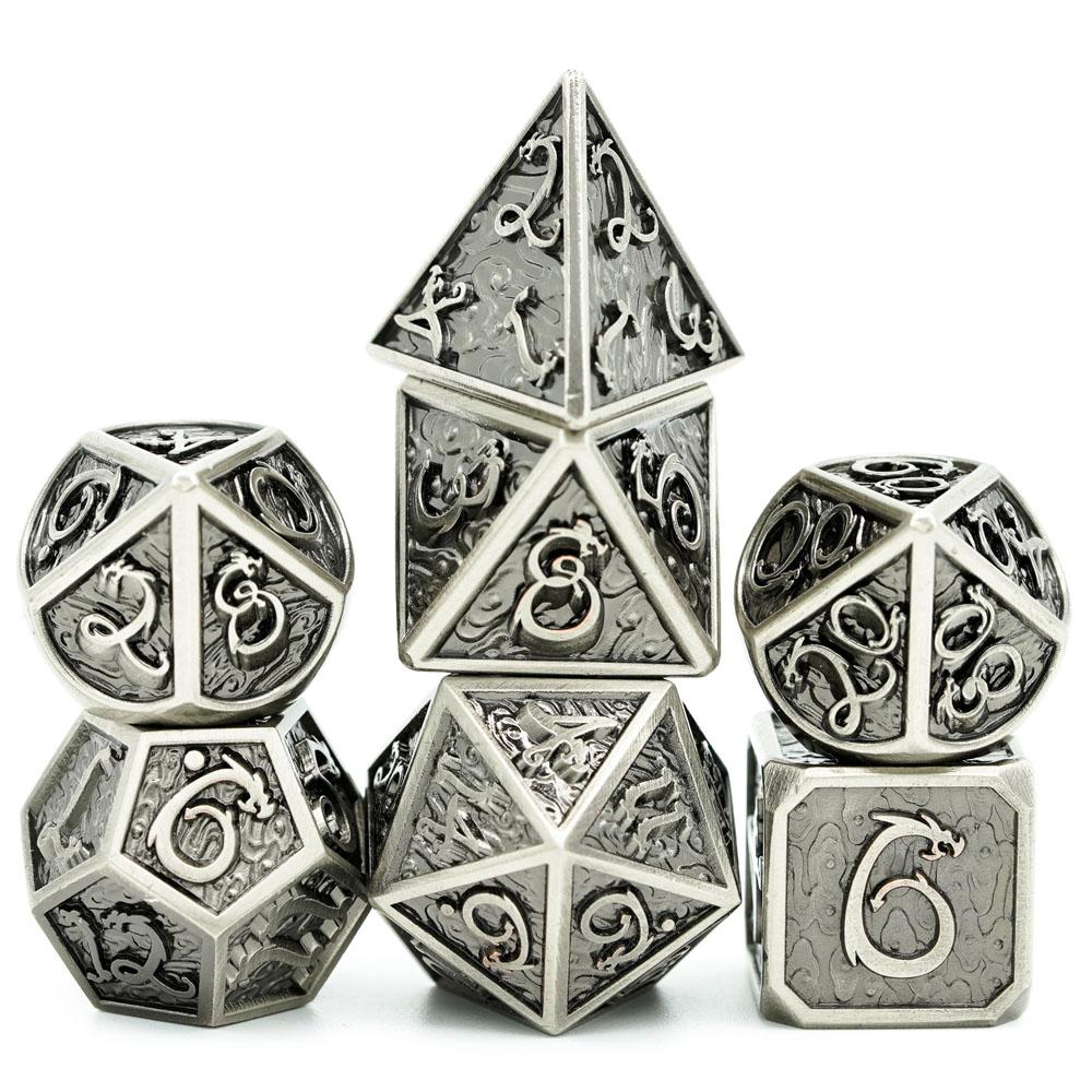 Cusdie Dragon Font DND Dice Metal, Auspicious Cloud, 7Pcs Polyhedral Dice Set, for D&D Role Playing Game Pathfinder Board Games