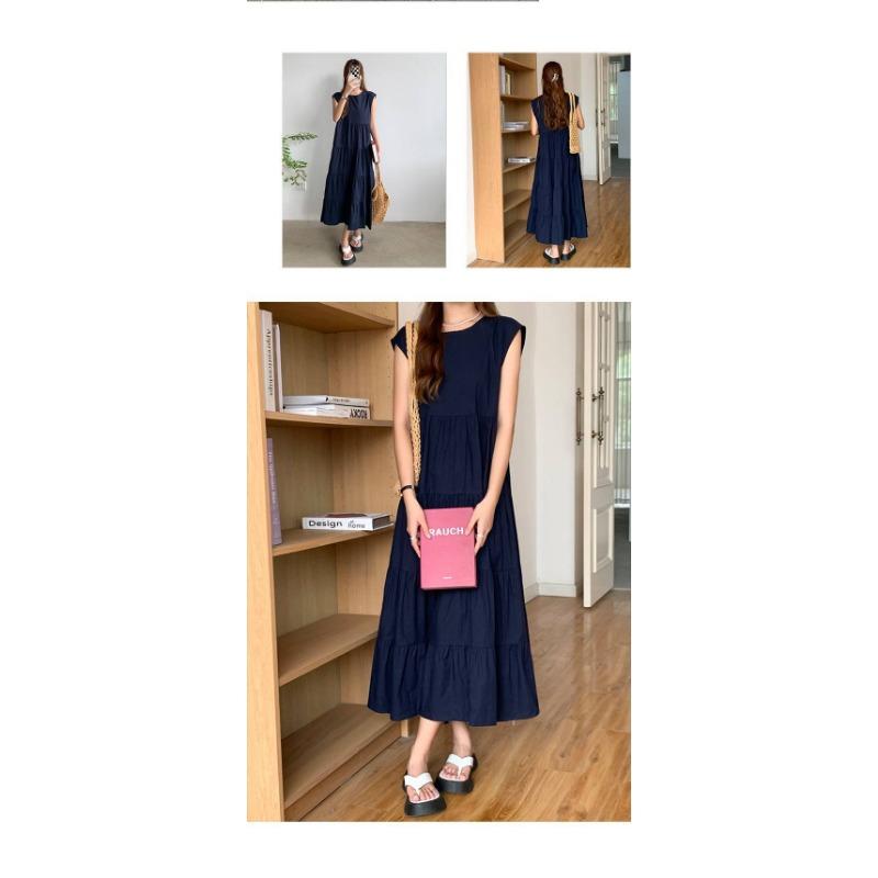 Patchwork Solid Color Long Skirt Sleeveless Commuter Crew Neck Dress
