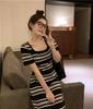 Women's Square Neck Retro Striped Knit Dress - Slim Fit, Midi Pencil Skirt, Cinched Waist, Figure-Flattering for Summer