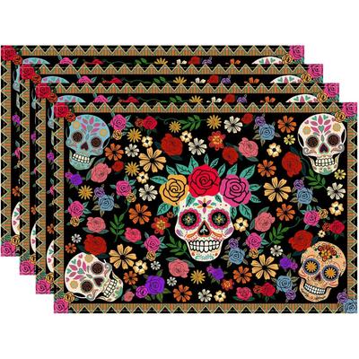 Sugar Skull Colorful Flowers Dia De Los Muertos Mexican Style Day of The Dead Placemats Set of 4 Table Mats for Party