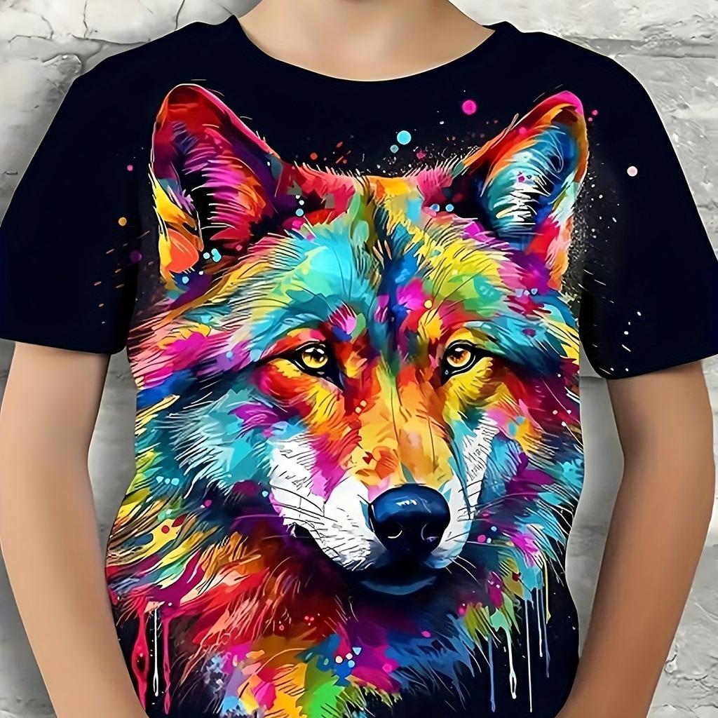 Summer Round Neck 3D Printed Wolf Pattern Top Fashionable Casual Cool Short Sleeved Children's Boy T-shirts