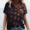 Summer V Neck Women Peacock Feather Graphic Fashion Short Sleeve Harajuku Y2k Top Oversized Casual