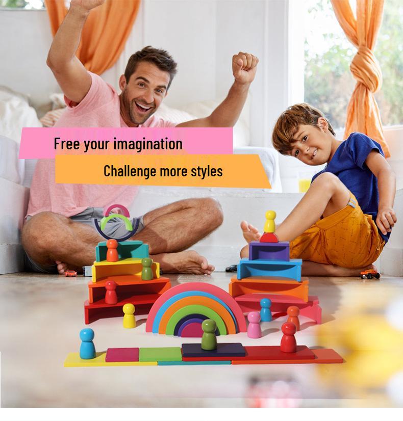Colorful Wooden Rainbow Arch Bridge & People Stacking Blocks for Children's Early Education