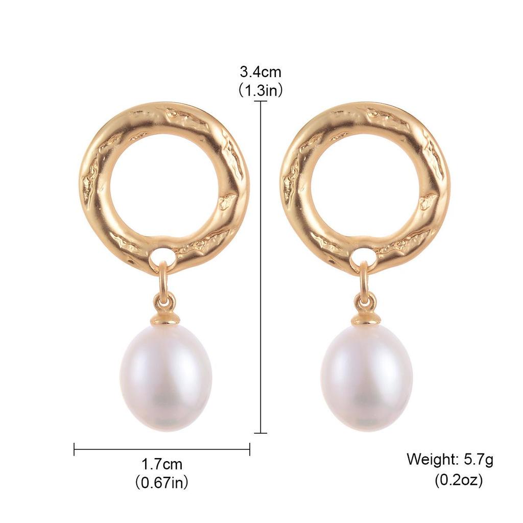 S925 Gold Geometric Circle Stud Earrings with Natural Pearls & Pleated Texture for Women