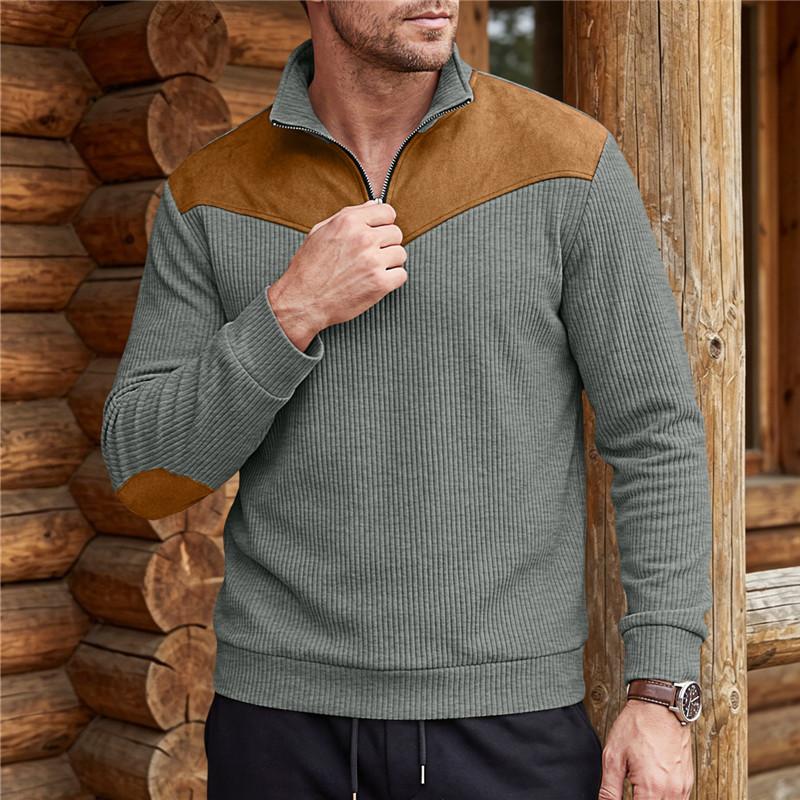 Herbst Winter Herren Color Block Sweatshirt Vertikal Rippstrick Halber Reißverschluss Stehkragen Pullover Wildlederflicken Schulter Ellbogen Vintage Lässig Langarm Oberteile