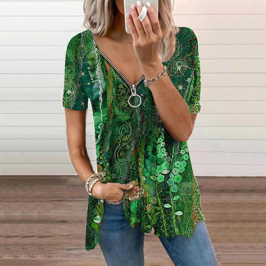 Women's Top Summer New Fashion Green Seaweed Printed Casual Zipper V-neck Short Sleeve Top