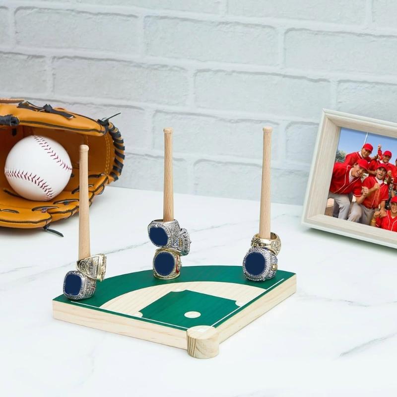 Space Saving Baseball Rings Stand Wood Baseball Rings Stand with Artistic Stadium Designs for Sports Enthusiasts