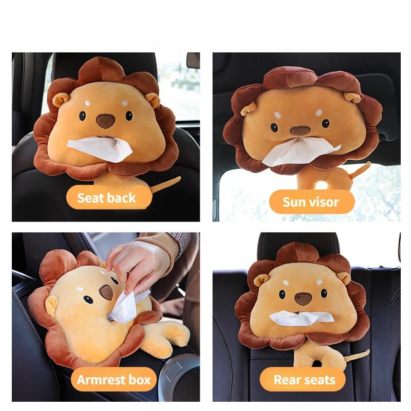 Cartoon Animal Car Tissue Box Creative Short Plush Armrest Tissue Box Car Seat Back Hanging Tissue Holder Cute Car Accessories