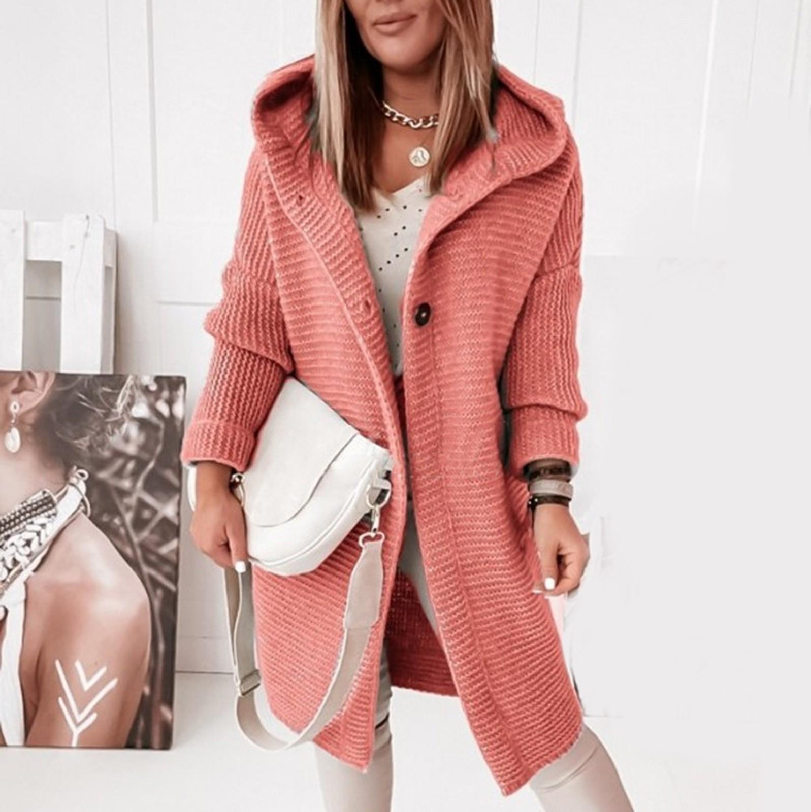 

Женский вязаный кардиган с капюшоном, однотонный длинный свитер, пальто, утепленный зимний теплый XL оранжевый