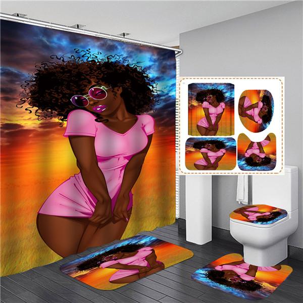 4PCS Full Set Bathroom Curtain Set Elegant African Black Woman Shower Curtain Hooks Modern Bath Mat Toilet Lid Cover Anti-slip Bath Mats