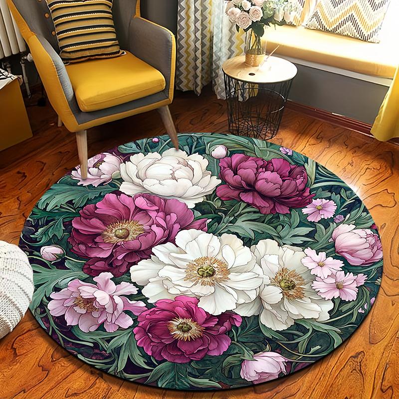 Vintage Peony Floral Round Rug Non-Slip Machine Washable Floor Mat 2D Flat Soft Area Rug for Bedroom Home Decor Gift