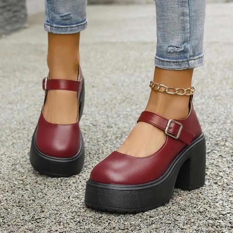 

Мода 2025 Новые Мэри Джейн Женские Туфли на Высоком Толстом Каблуке с Круглым Носком Большого Размера Модные Платье Туфли Женские Туфли на Платформе с Ремешком и Пряжкой 42 красный