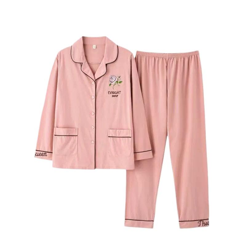 Pigiama in Cotone da Donna Primavera e Autunno Manica Lunga Indumento Esterno Servizio Casalingo Coreano Completo Camicia e Pantaloni a Manica Lunga