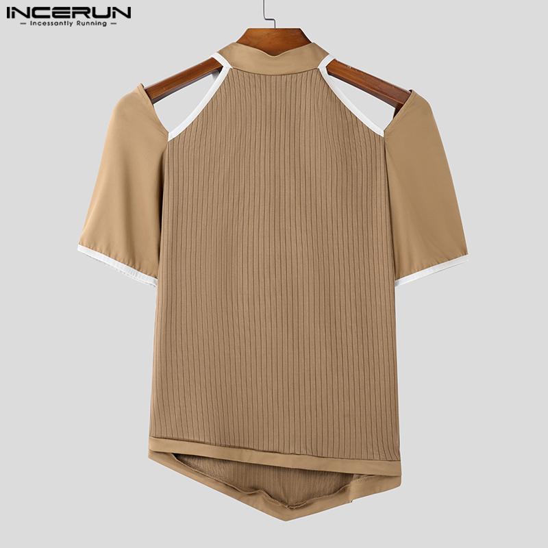 INCERUN Camisetas de verano para hombre, de manga corta, con cortes, costuras, cremallera y canalé, informales, ajustadas