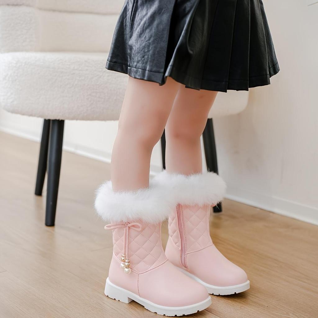 Winterstiefel für Mädchen 2024, warme süße Perlenschleife, Steppmuster, Cartoon-Volltonfarbe