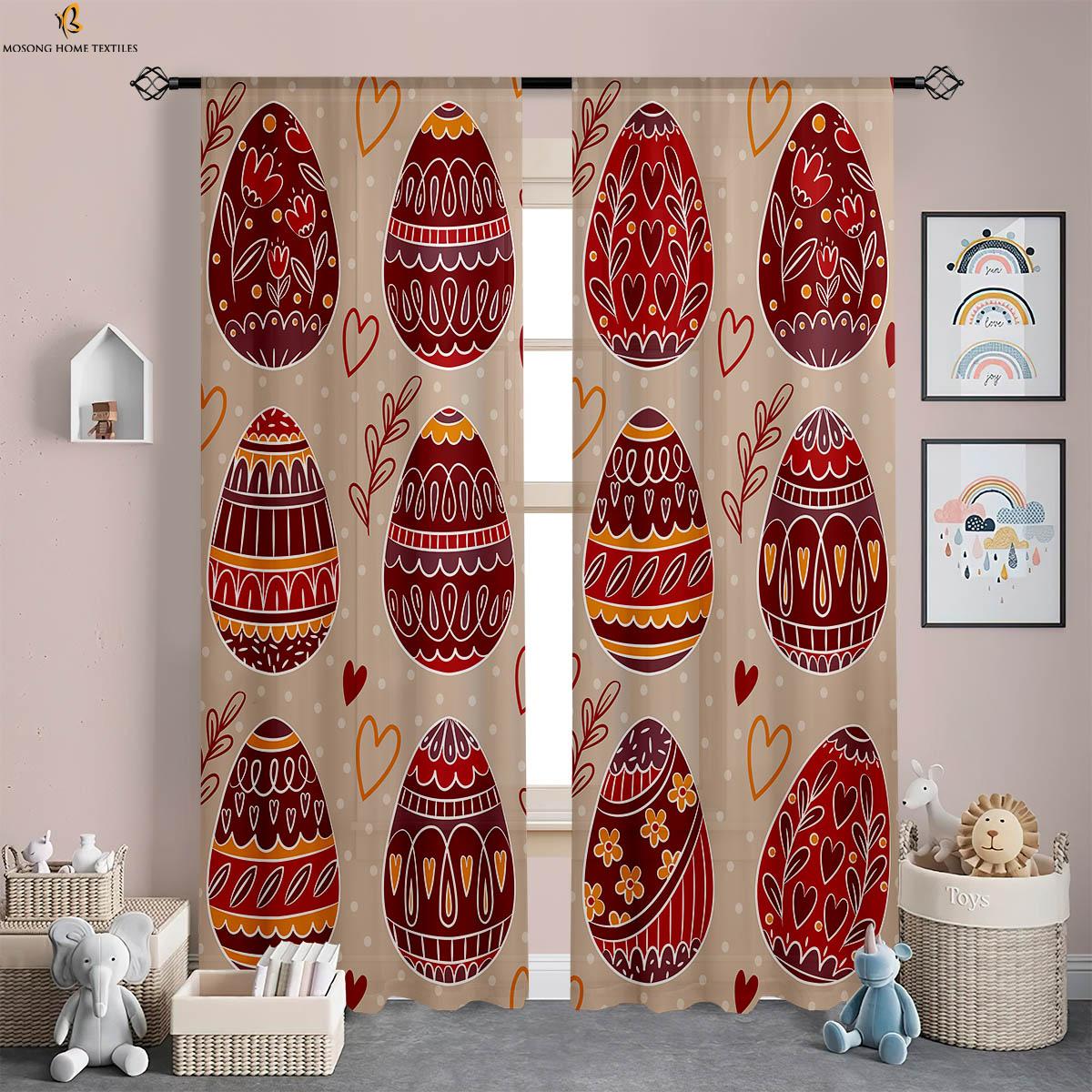 Paashaas Gekleurde Eieren Print Gordijnen Retro Amerikaanse Landelijke Stijl Feestdecoratie Set Van 2 Gemaakt Polyester W100*H130(CM)-Grommet top&2PCS