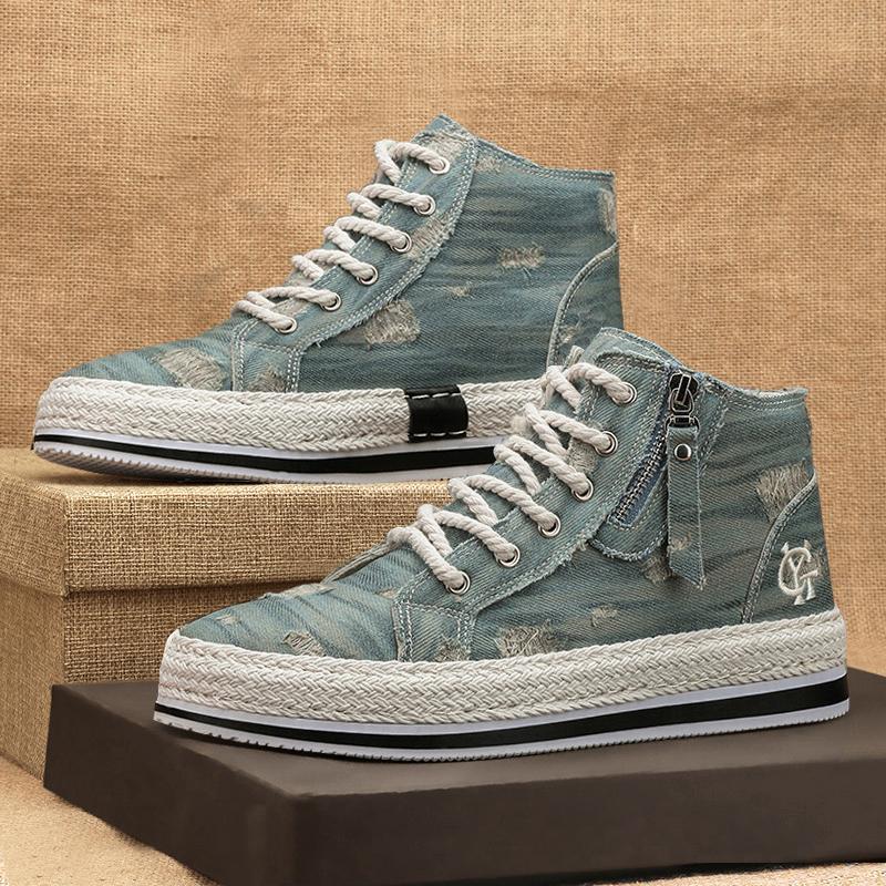 

Осенне-зимние высокие кеды мужские корейская версия студенческие кеды мягкий вареный деним рваные нищенские кеды мужская обувь 44