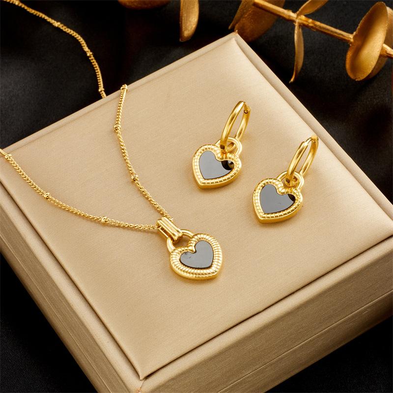 Black Shell Heart Jewelry Set For Women Gold Plated Stainless Steel Necklace Hoop Earrings
