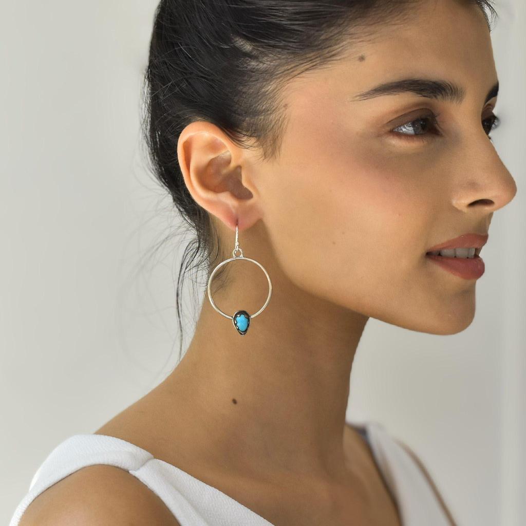 Genuine Turquoise Dangler Cum Hoops, Silver Oxidized Handmade Jewelry, Turquoise Gemstone Bohemian Earrings for Women, Bridal Gifts Ideas