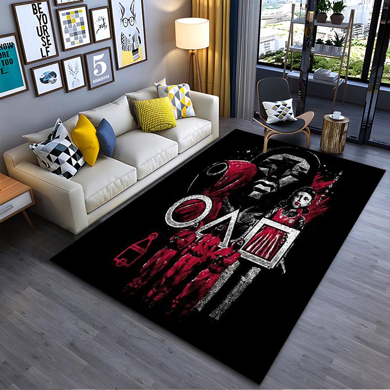 

Black Carpet with Red Abstract Design and Game Character Print Suitable for use as an anti-slip for living room bedroom sofas 40x60cm( 15x23in )