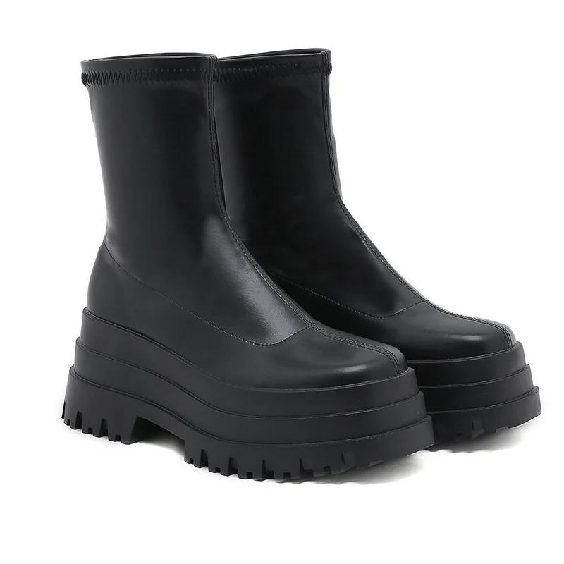 Fashion New Sexy Chain Women Leather Autumn Boots Block Heel Gothic Black Punk Style Platform Shoes Female Footwear High Quality
