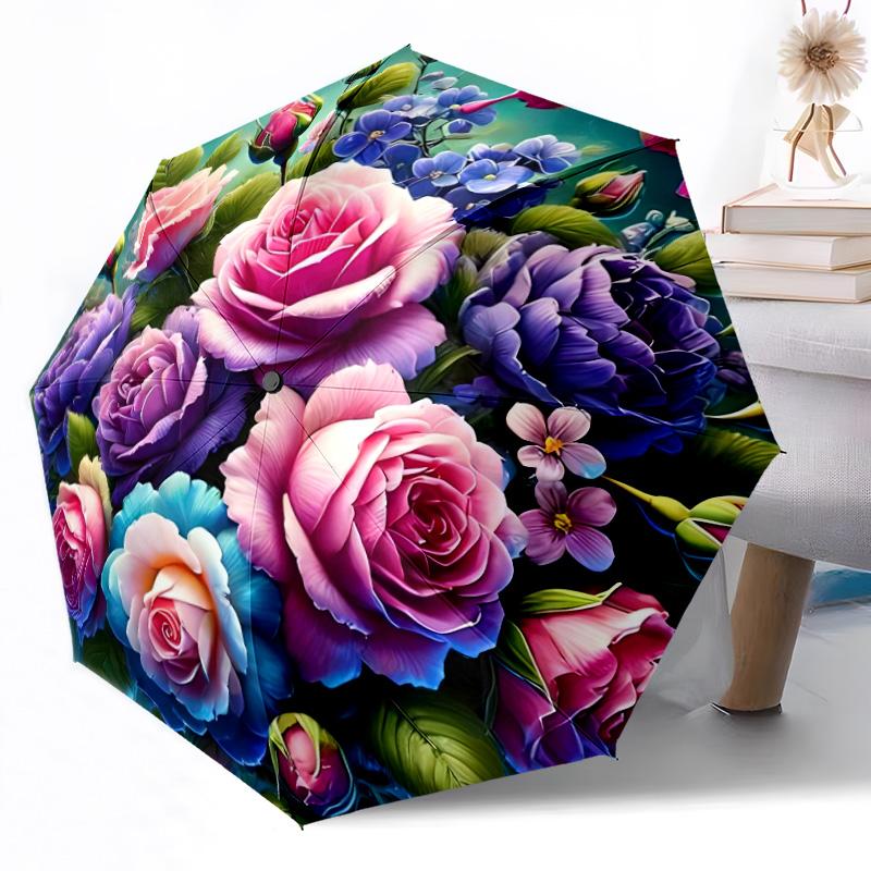Pink Roses And Butterflies Automatic Umbrella Retractable Design with 8-Rib Durability Sturdy Construction All-Season Umbrella for Travel