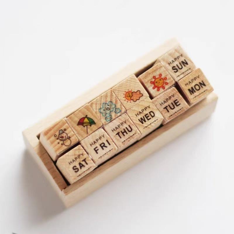 Office School Supplies Diary Seal Decoration for Handbook Love Life Wooden Seal 12 Pieces Wooden Box 5 Options Kawai Lovely Gift