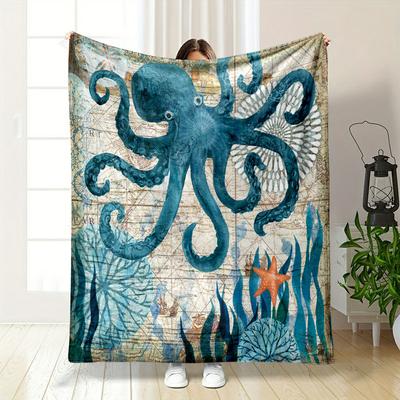 Retro Ocean Themed Blanket with Octopus and Old Nautical Map Print Blanket for Livingroom Couch Lunch Break Soft Throw for Friend's Festival Gift