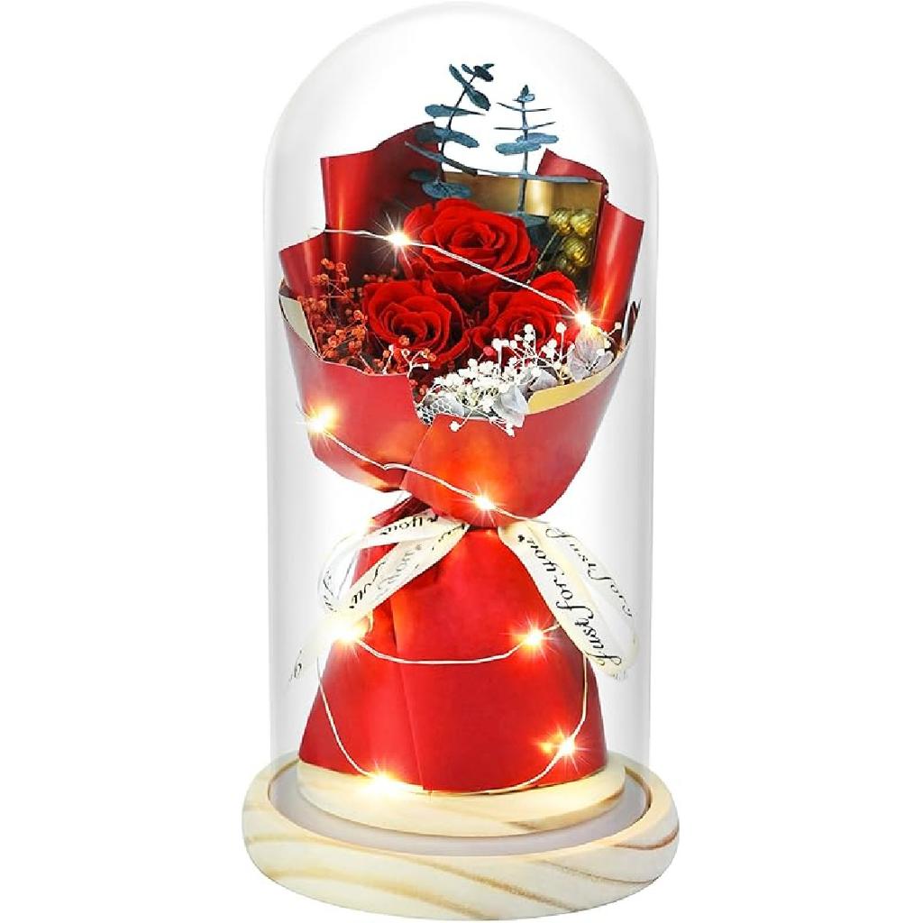 HVY Preserved Flowers Gifts for Her,Preserved Rose Bouquet In Glass Dome,Forever Flowers Fresh Bouquet Present for Women Mothers Day Birthday Gifts