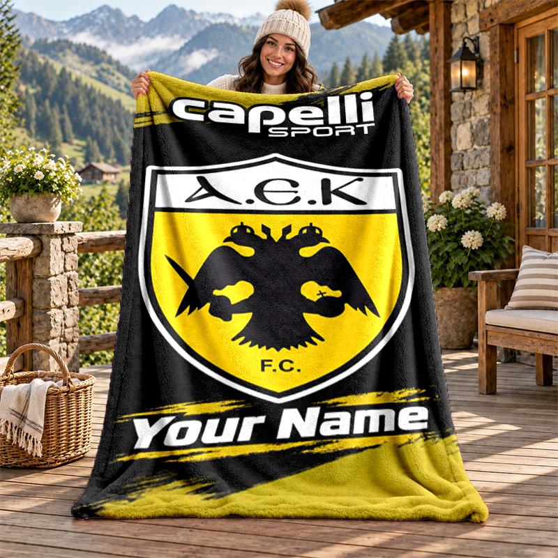 AEK Athens Custom Name Flannel Blanket Personalized Soft Warm Plush Throw Blanket Customized Gift for Family Friends