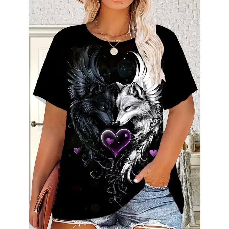 Modisches Damen Rundhals Kurzarm 3D Tier Farbdruck Tier Kurzarm Rundhals T-Shirt