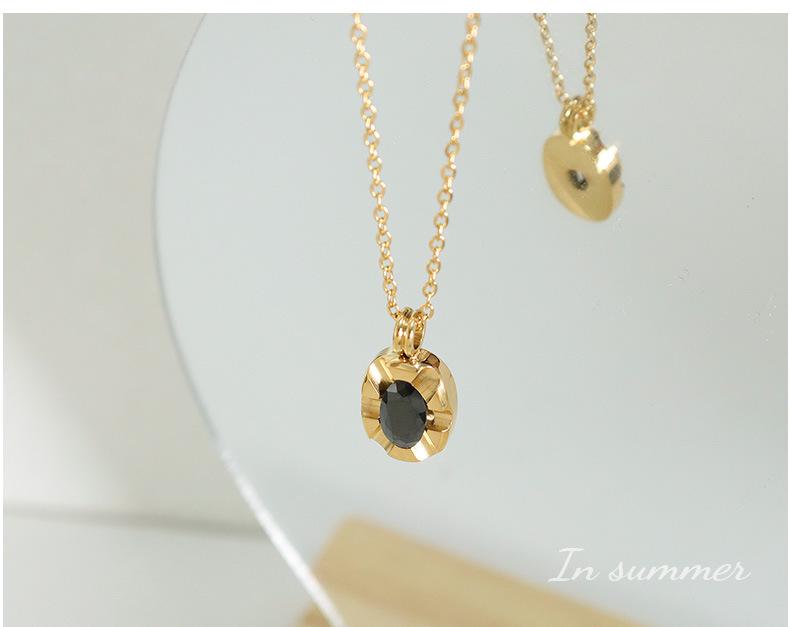 Elegant Black Zircon Oval Pendant Necklace - Gold-Plated Versatile Clavicle Chain for Women