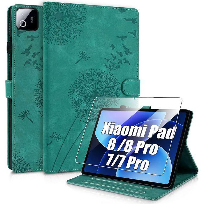 Coque + Verre Trempé pour Xiaomi Pad 8 /8 Pro/7/7 Pro/9, Protection Synthécuir Relief Pissenlit Vert