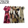 Zbzr Spring New Women Clothes Western Style Fashion Silk Satin Texture Print Mid-Length Dress 9112242